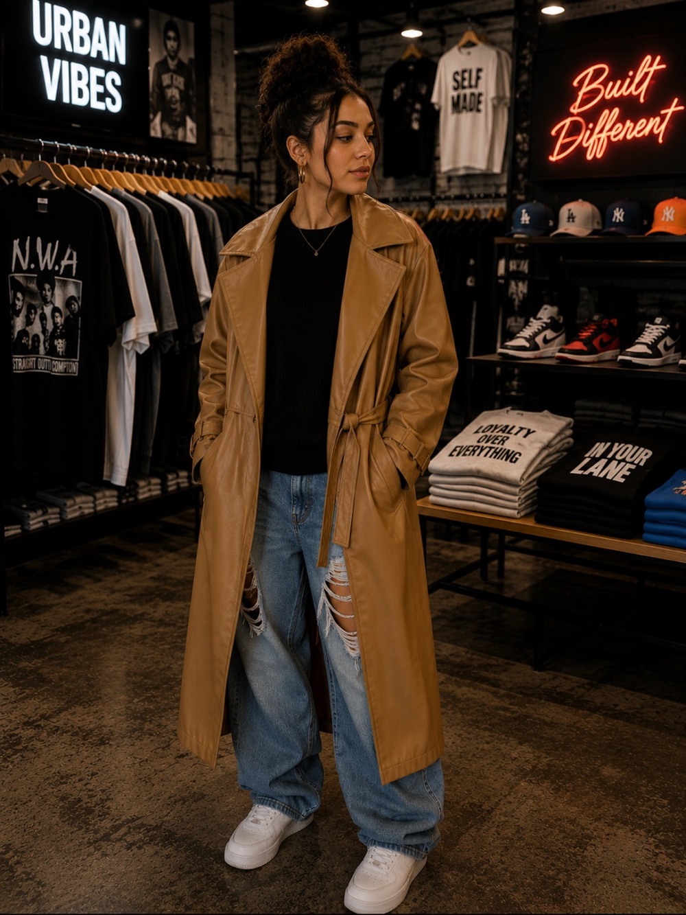 Faux Leather Tan Trench Coat with Tie Belt